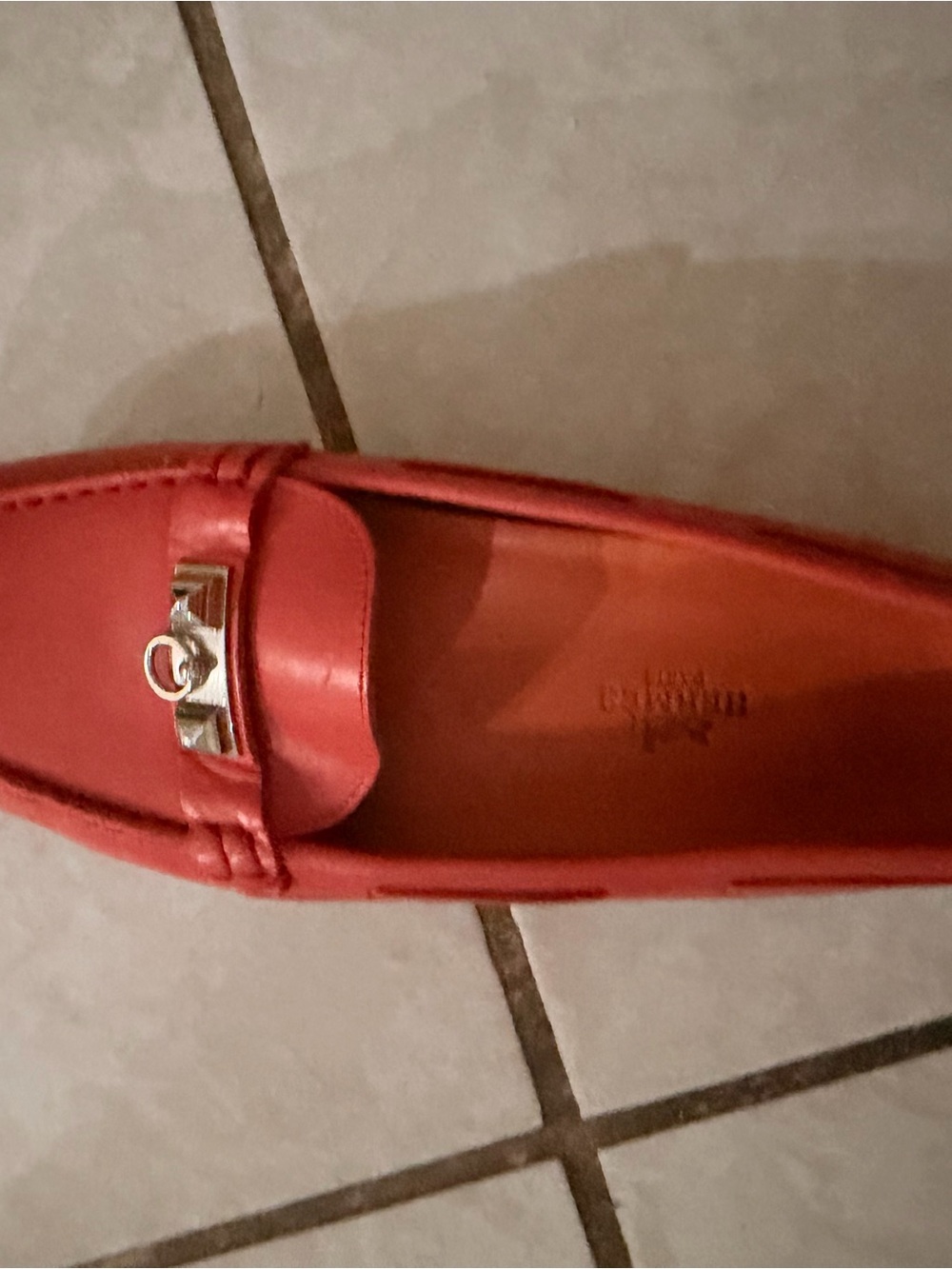 Hermes Coral Red Leather Penny Loafers with Silver Accent